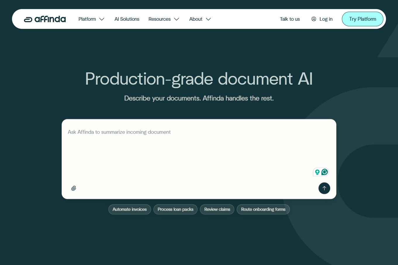 12 Best Goods Receipt Automation Software Solutions in 2026 7 Affinda homepage featuring the headline Production-grade document AI and a prompt box to summarize documents