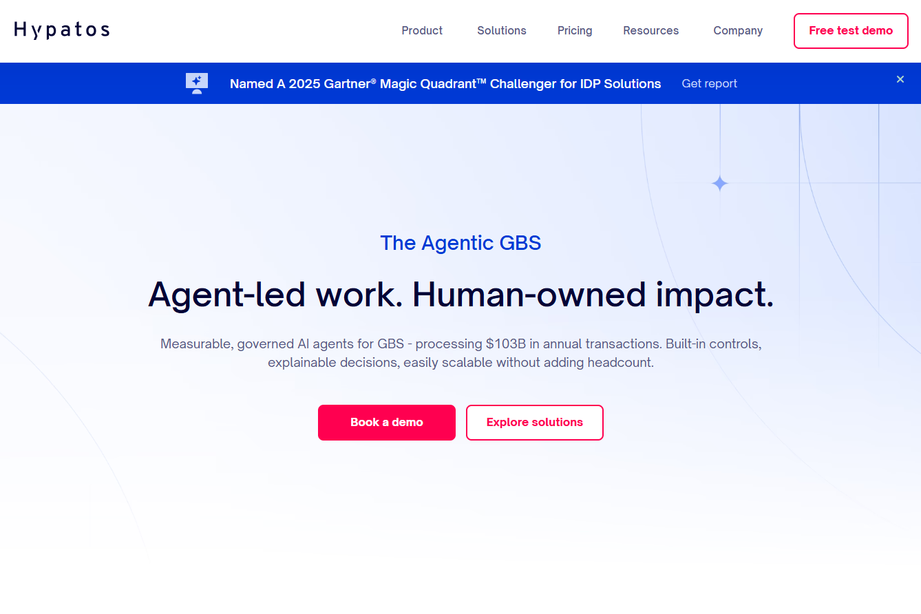 12 Best Goods Receipt Automation Software Solutions in 2026 3 Hypatos website homepage with the tagline: Agent-led work. Human-owned impact