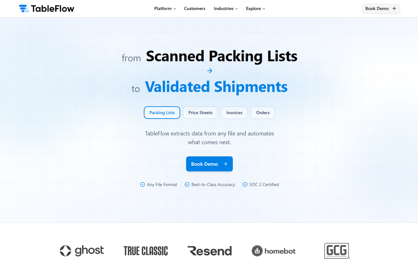 12 Best Goods Receipt Automation Software Solutions in 2026 2 TableFlow homepage featuring the headline: from Scanned Packing Lists to Validated Shipments