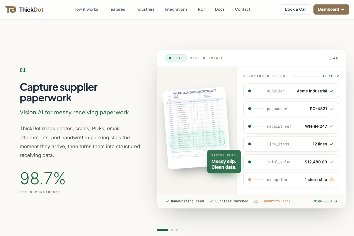 12 Best Goods Receipt Automation Software Solutions in 2026 1 ThickDot interface showing a packing slip converted into structured data fields and flagging a short shipment exception