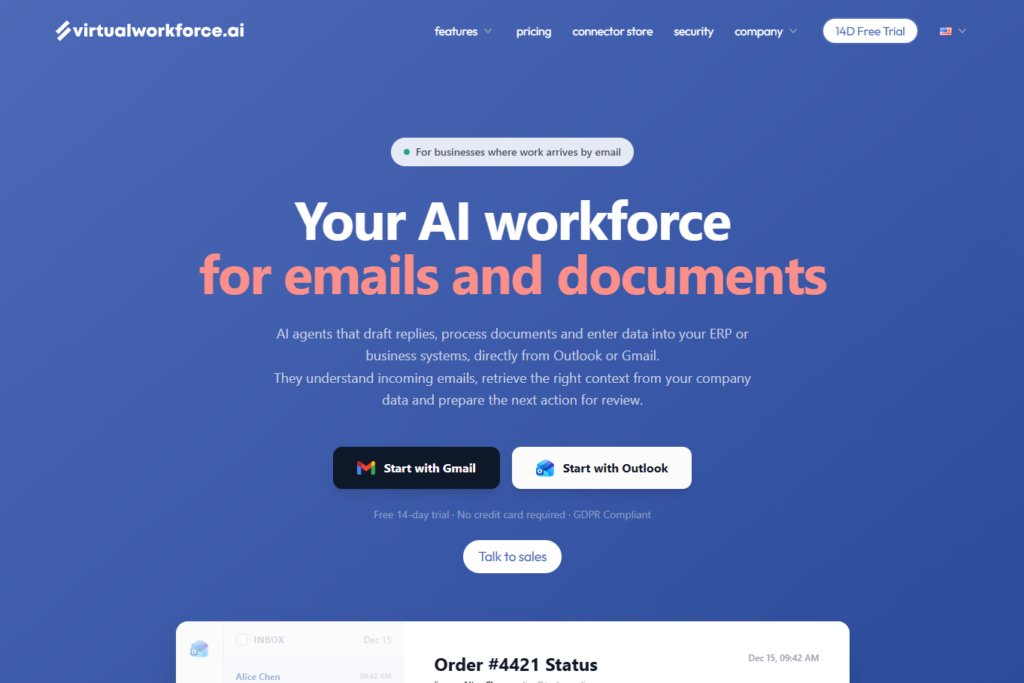 12 Best Goods Receipt Automation Software Solutions in 2026 12 VirtualWorkforce.ai homepage with the headline: Your AI workforce for emails and documents
